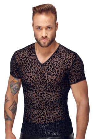 Noir Shirt aus feinem Powernet mit Leo-Samtflockprint