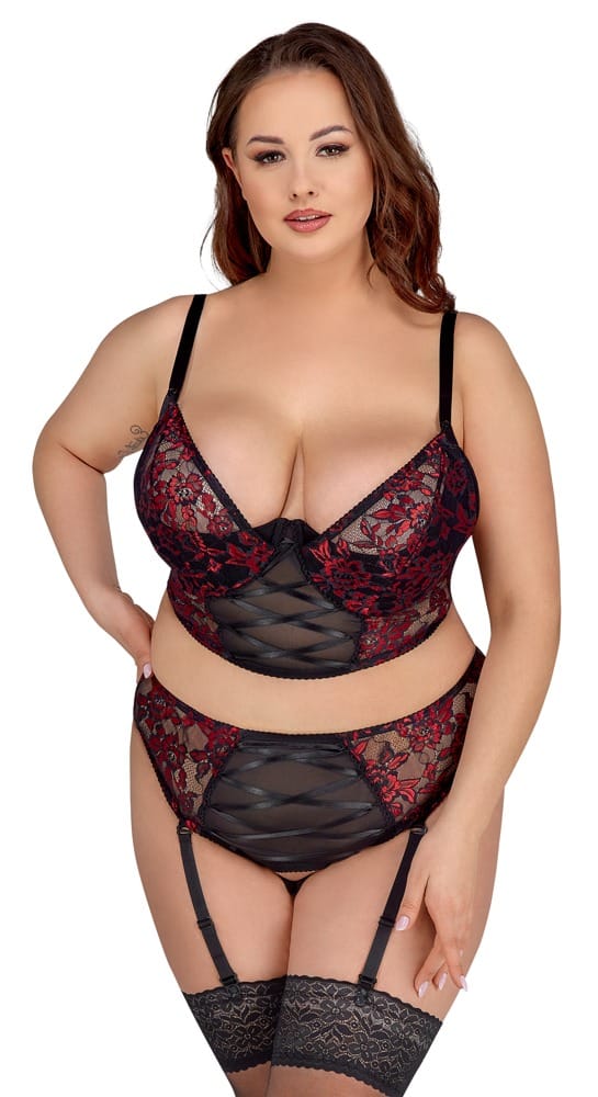 Cottelli CURVES Longline-BH plus Straps-Slip im edlen Material-Mix aus 2-farbiger Spitze und Powernet