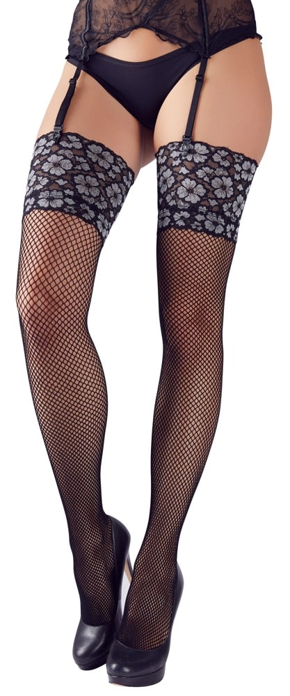 Cottelli LEGWEAR Straps-Strümpfe aus weichem Netz mit 2-farbigem Spitzen-Abschluss