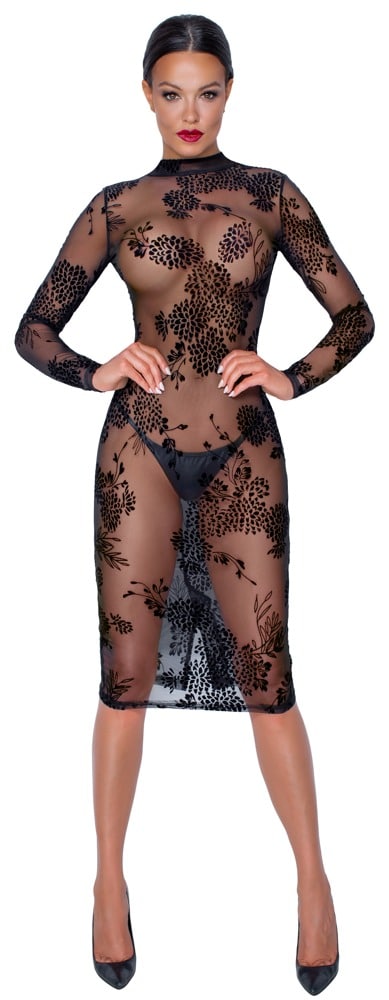 Noir Kleid aus Powernet mit Blüten-Samtflockprint