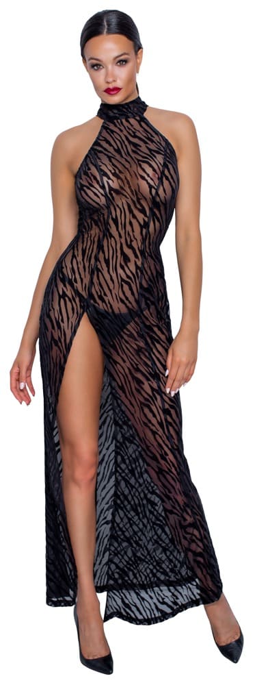Noir Kleid aus elastischem Powernet mit Samtflockprint in Tiger-Optik