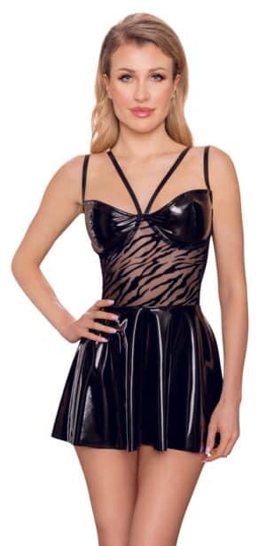 Noir Kleid aus Lack und Powernet mit Tiger-Samtflockprint