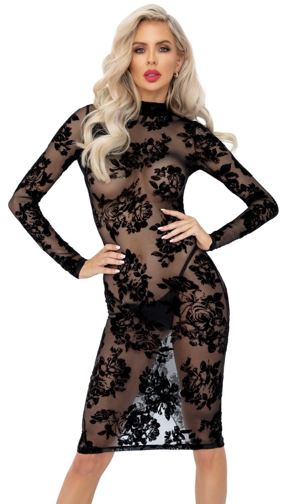 Noir Kleid aus Stretchtüll mit Floral-Samtflockprint